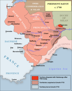 States of the Duke of Savoy around 1700; Savoy proper is in the northwest.