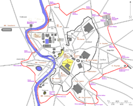 Locatie van de Aureliaanse Muur (rood) en zijn stadspoorten (paars)