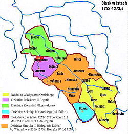 Silesia 1249-1273: Creation of the Duchy of Głogów (green) for Konrad I from the territory of Bolesław II the Bald of Legnica (violet)