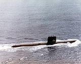 Skate-class nuclear-powered attack submarine surfaced and underway at sea in an undated photograph.