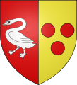 Brasón atribuído a Pierre de La Planche (~1669) : partido de goles con cisne arxénteo, e de ouro con tres tortas de goles.