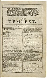 Faksimil av första sidan i The Tempest från First Folio, publicerad 1623