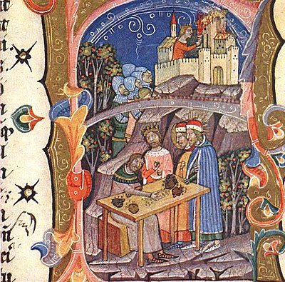 Chronicon Pictum, Hungarian, Hungary, King Solomon, Prince Géza, Prince Ladislaus, Vid, Belgrade, booty, spoils of war, soldiers, capture, girl with tourch, flaming city, medieval, chronicle, book, illumination, illustration, history