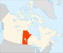 Map showing the location of Manitoba, in the centre of Southern Canada, in orange. The province has a coast on Hudson's Bay to the northeast, and has a large lake slightly to the south of its centre