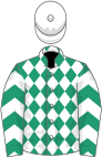 Emerald green and white diamonds, chevrons on sleeves, white cap