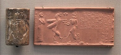 Sceau-cylindre en dolomite avec impression moderne, représentant le dieu Meslamta-ea et un lion-griffon autour d'une masse d'armes, et l'orant à gauche. Règne de Shulgi, British Museum.
