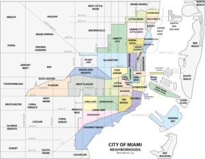 Map of Miami neighborhoods. Watson Island is the smallest light-blue area, just above the western end of the elongated green Port of Miami area.