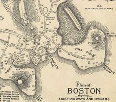 Detail of map of Boston showing Bendell's Cove in 1635 (which later became Town Dock and Dock Square, c. 1708)[13]