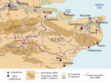 Carte du Kent à l'époque de Wihtred situant les principales localités du royaume.