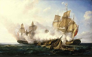 A naval painting in which a badly damaged ship in the foreground is flanked by two lightly damaged ships that are firing on the central vessel.