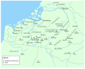 Image 21Southern part of the Low Countries with bishopry towns and abbeys c. 7th century. Abbeys were the onset to larger villages and even some towns to reshape the landscape. (from History of Belgium)