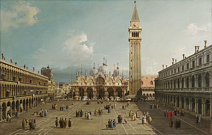 Plaza de San Marcos (Venecia), históricamente centru relixosu (Patriarcáu de Venecia), políticu (Palaciu del Dux de la Serenísima República) y de comerciu a llarga distancia (apoderó les rutes del Mediterraneu Oriental dende'l sieglu XII hasta'l XVIII). Tien la mayor parte de la so superficie como plaza zarrada, ente que la zona de los edificios más importantes ta abierta escontra'l Gran Canal, colo que la so planta ye abondo irregular, a pesar de lo harmonioso de les proporciones y perspectives. Napoleón llamólu "el salón de baille más guapu d'Europa". Ye'l llugar privilexáu pa eventos como'l Antroxu de Venecia.