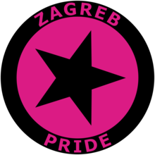 The logo depicts the black five-sided star tilted slightly to the left, the star is surrounded by the black circle. In the background, the star inside of the circle is colored pink, inside of the black circle in the same pink color there are letters spelling out "ZAGREB PRIDE". The five-sided star represents the five fingers of the worker's hand.