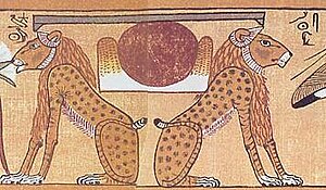 Le hiéroglyphe akhet de l'horizon gardé par les lions jumeaux de Aker.
