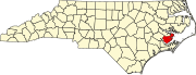 Harta statului North Carolina indicând comitatul Pamlico