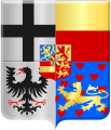 Arms of William VI of Orange as prince of Orange-Nassau-Fulda. The bottom most shield shows clockwise from top left the principality of Fulda, the lordship of Corvey, the county of Weingarten, and the lordship of Dortmund.[55]