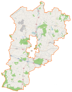 Mapa konturowa powiatu konińskiego, na dole nieco na lewo znajduje się punkt z opisem „Rychwał”