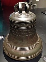 The Revere Bell on display at the National Museum of Singapore in February 2015. The inscription of the bell is: "Revere, Boston 1843. Presented to St Andrew's Church, Singapore, by Mrs Maria Revere Balestier of Boston, United States of America".