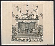 Anjou wordt op het podium gekroond - 1582 (Prentenkabinet Universiteit Antwerpen)