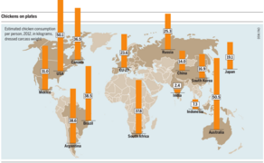 Geschätzter Hühnerfleischverzehr im Jahr in kg. Basierend auf Zahlen aus dem Jahr 2012