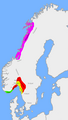 Reinos noruegueses em 820 na altura da morte de Gudrodo, o Caçador. Os reinos mais importantes eram Folde Ocidental (vermelho), Hologalândia (rosa), Alvheim (amarelo) and Agder (verde).