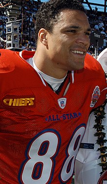 Tony Gonzalez smiling in a Pro Bowl jersey.