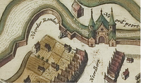 Vestingwerken in Sneek Noord in 1652, v.l.n.r. het Bolwerk, het Noorder Rondeel en de Noorderpoort.