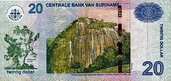 20 Surinamen dollarin seteli.