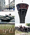 Image 64Clockwise from top left: The central street of Dubrovnik, the Stradun, in ruins during the Siege of Dubrovnik; the damaged Vukovar water tower, a symbol of the early conflict, flying the Croatian tricolor; soldiers of the Croatian Army getting ready to destroy a Serbian tank; the Vukovar Memorial Cemetery; a Serbian T-55 tank destroyed on the road to Drniš (from History of Croatia)