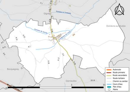 Carte en couleur présentant le réseau hydrographique de la commune