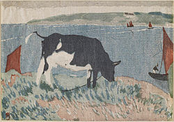 Impression couleur d'une vache paissant au bord de l'eau