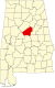 Harta statului Alabama indicând comitatul Shelby