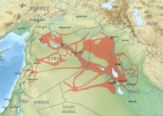 A map of the Middle East showing areas controlled by ISIL as of May 2015: a number of major cities in northern Syria and Iraq, and corridors connecting them.