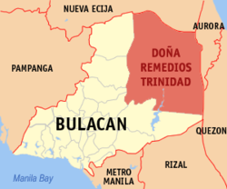 Mapa ng Bulacan na nagpapakita sa lokasyon ng Doña Remedios Trinidad.