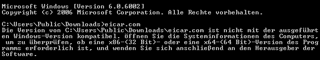 Meldung vom cmd.exe bei der Ausführung der EICAR-Testdatei unter Windows Vista 64-Bit