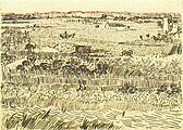 Texturen aus Punkten und Linien geben vereinfacht die unterschiedlichen Landschaftselemente wieder. Vincent van Gogh: Ernte in der Provence, 1888.
