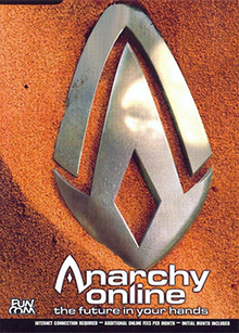 An abstract symbol of two complementary metal forms is shown partially buried in sand. Below it is text reading: "Anarchy Online: The Future In Your Hands".
