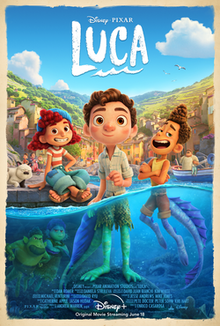 Two boys on the water (Luca Paguro and Alberto Scorfano), with half of their bodies in their aquatic forms with sea monsters hiding under a dock. Above the water, various characters with an village as a backdrop.