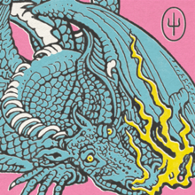 A light blue dragon with yellow eyes and flames against a pink background, containing a psi symbol.