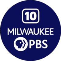Within a dark blue disk, three lines of text appear, all in white. The first features a number "10" appearing within a curved rectangle, a stylized representation of an older standard-definition television. The second line of text reads "MILWAUKEE" in all capitals, and the third line features the current PBS logomark, with its "Head" element in a circle next to the words "PBS" on the right.