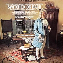 A man dressed as Bach standing in front of a modular synthesizer, with the album title and track list written above him.