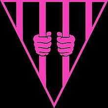 Logo of Black and Pink. Black background with a pink triangle crossed by prison bars, with two hands holding the bars.