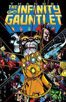 The infinity gauntlet is in the middle of the cover and glare from each gem extends in four directions to the edge of the image. Thanos, Mistress Death, and Mephisto's faces are above it. It is surrounded on other sides by vignettes of various heroes featured in the story. The logo occupies the top third of the image. The text is yellow with a blue shadow.