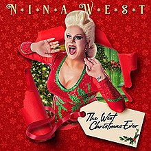 A female-presenting individual with blonde hair and a red and green dress seemingly breaking through red-colored wrapping paper; above her is the text "Nina West" and below is the text "The West Christmas Ever".