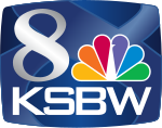 Inside a television screen shape, a serif 8 in silver next to the NBC peacock and the letters K S B W in a white, square sans serif beneath.