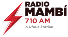 A red lightning bolt. Next to it, black text "Radio Mambí", then red text "710 AM", then gray text "A Uforia Station".