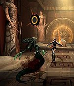 Two video game characters fight in a brown-colored room with mystical symbols.