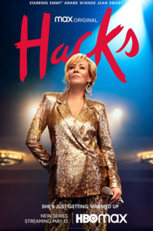 The poster shows lead character Deborah Vance in gold sequined suit holding a microphone. Hacks is in large type behind her.