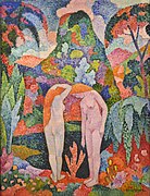 Jean Metzinger, c.1905, Baigneuses, Deux nus dans un jardin exotique (Two Nudes in an Exotic Landscape), oil on canvas, 116 x 88.8 cm, Colección Carmen Thyssen-Bornemisza[22][23]