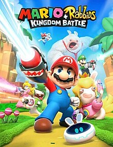 Stylized 3D render of characters in a colorful landscape. Mario is in the center and fires an arm cannon.